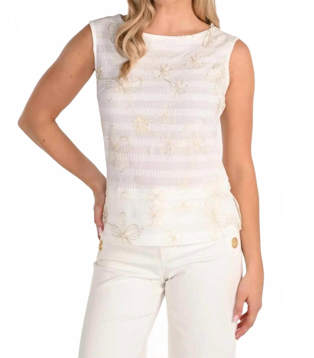 NEW FRANK LYMAN elegant woven metallic‑accent top in off white/gold